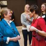 Former Prime Minister of Norway Gro Harlem Brundtland [at left] stops to chat with Nobel Peace Prize Forum delegates after her speech on human rights and democracy.